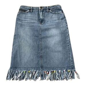 Dolce & Gabbana Blue Denim Midi Skirt with Beaded Fringe